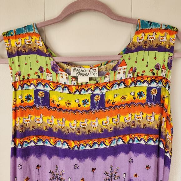 Vintage 90s Farm Cottage Cactus Flower Chicken Dress Maxi XL Purple Green - Picture 2 of 9